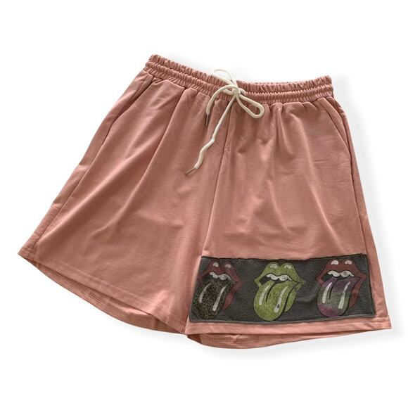 Via Penny Lane Reworked Apparel | The Rolling Stones Pink Graphic Shorts Large - Picture 1 of 10
